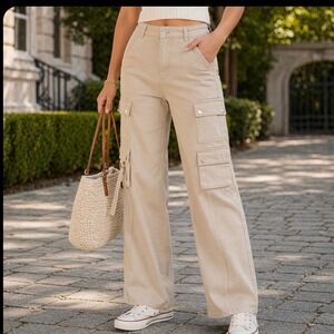 NUON Womens Tan Khaki Wide Leg Cargo Pants High Waisted Cotton Utility Size 28